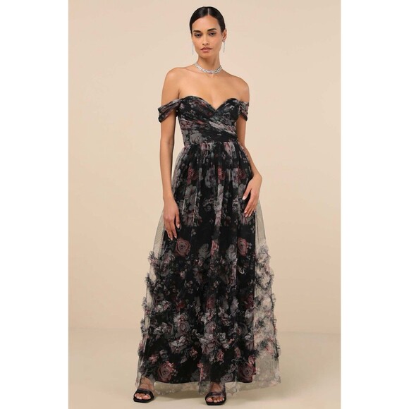 Lulus Ideal Beauty Dress Women's M Black Floral Maxi Mesh Off the Shoulder NWOT - Picture 2 of 13